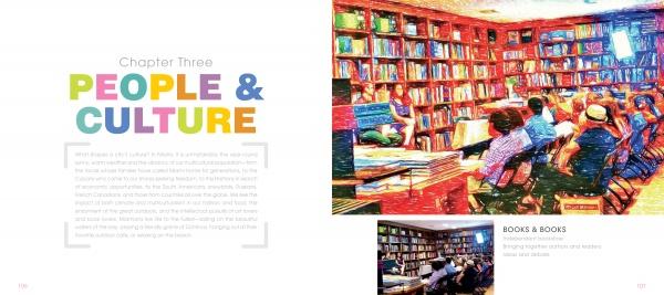 A vibrant illustration inspired by Miami photography features people in a bookstore hearing a speaker. Bookshelves fill the space. Text says "Chapter Three: PEOPLE & CULTURE." From Miami, Real and Imagined by Schiffer Publishing, Ltd.