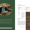 A woman with light hair and glasses weaves fabric on a loom. On the right, Weaving Shaker Rugs by Schiffer Publishing, Ltd. is shown with close-ups of colorful weaving and text about the process and unique rug specifications.