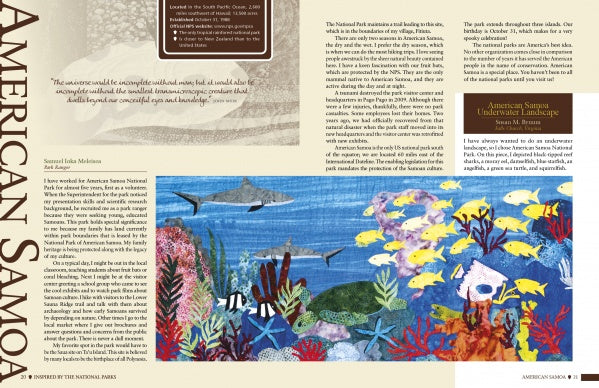 A magazine spread from Schiffer Publishing, Ltd.'s "Inspired by the National Parks" features double-sided text and a vibrant nature quilt along the bottom, showing marine life—fish, sharks, coral—in a colorful underwater scene.