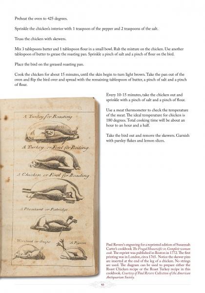A cookbook page from "The Culinary Lives of John & Abigail Adams" by Schiffer Publishing, Ltd. shows roast chicken instructions, vintage art of five poultry methods, New England recipes, and historical image source details in small print.