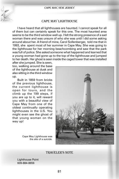 A page from Supernatural Mid-Atlantic by Schiffer Publishing, Ltd. tells the story of the haunted Cape May Lighthouse, paired with a black-and-white photo showing the lighthouse, trees at its base, and clouds overhead.