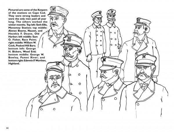 A group of shipwrecked sailors in uniform, members of the historic Life Saving Service, as featured in the U.S. Life Saving Coloring Book by Schiffer Publishing, Ltd.