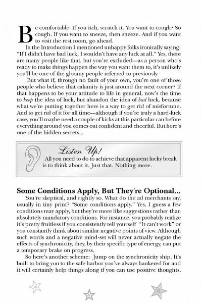 A page from "Twist Your Fate" by Schiffer Publishing, Ltd. features comfort and luck-themed text, a decorative star border, and a center box: "Listen Up! To get that lucky break, relax and let synchronicity twist your fate. Just that. Nothing more.