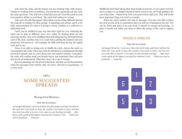 Two pages from The Archangel Metatron Self-Mastery Oracle guidebook by Schiffer Publishing, Ltd.: the left lists card spreads and an invocation; the right details a “Weekly Spread” with seven cards and concise instructions.