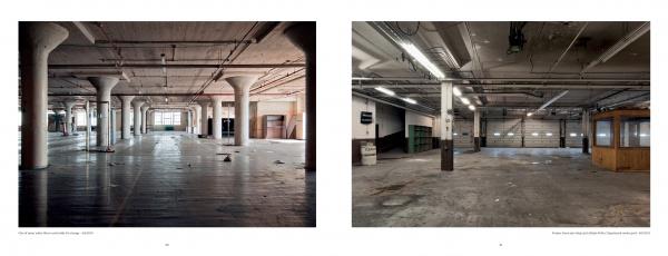 Two wide images show empty warehouse interiors with concrete columns and exposed pipes, highlighting classic industrial architecture—a setting ready for Ponce City Market transformation. From Schiffer Publishing, Ltd.