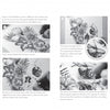 Dot Drawing by Schiffer Publishing, Ltd. is a step-by-step guide showing hands sketching detailed flowers, leaves, and butterflies in pencil, with close-ups on stippling and shading techniques. Instructions appear beside each floral illustration.