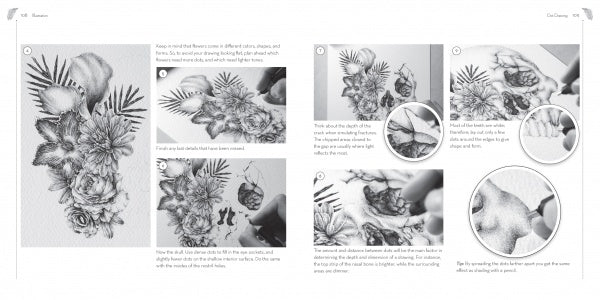 Dot Drawing by Schiffer Publishing, Ltd. is a step-by-step guide showing hands sketching detailed flowers, leaves, and butterflies in pencil, with close-ups on stippling and shading techniques. Instructions appear beside each floral illustration.
