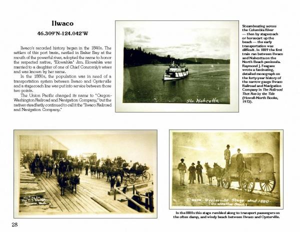 “Greetings from the Washington Coast” by Schiffer Publishing, Ltd. is a historical collage of Ilwaco with vintage photos—steamboats, dockside wagons, and a stagecoach—celebrating its rich maritime and transportation heritage.