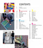 Explore the vibrant contents page of "Tape Art" by Schiffer Publishing, Ltd., featuring colorful tape designs, artists creating large wall art, and lively illustrations alongside a categorized list of sections and page numbers.