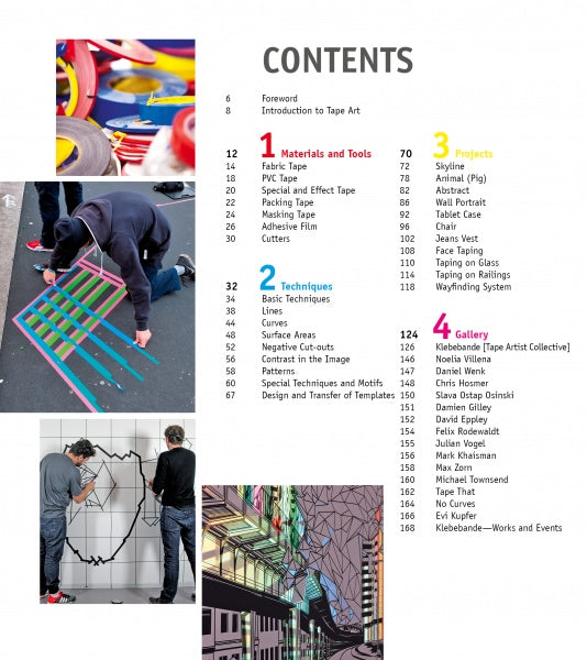 Explore the vibrant contents page of "Tape Art" by Schiffer Publishing, Ltd., featuring colorful tape designs, artists creating large wall art, and lively illustrations alongside a categorized list of sections and page numbers.