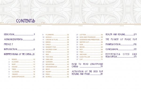 Table of contents page for The Egyptian Lenormand by Schiffer Publishing, Ltd., with a decorative header, sections on dedication, introduction, card meanings, health, healing, magic, and Egyptian Lenormand divination cards.