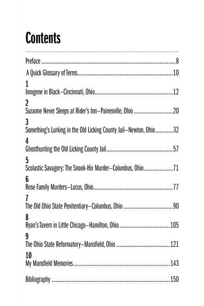 The table of contents in Ohio's Haunted Crimes by Schiffer Publishing, Ltd. lists chapters with page numbers, including Imogene in Black—Cincinnati, Ohio, Suzanne Never Sleeps at Rider’s Inn, and other chilling Ohio ghost stories from crime scenes and jails.