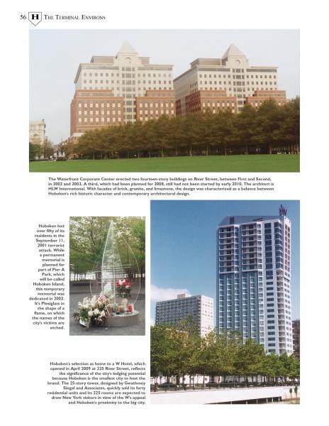 A page from Schiffer Publishing, Ltd.'s "Hoboken" shows three photos: office buildings behind trees, a riverside memorial with an American flag in Hoboken, NJ, and a modern apartment building with balconies. Text surrounds the images.