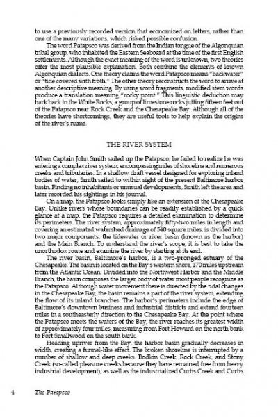 A page from "The Patapsco" by Schiffer Publishing, Ltd. explores Captain John Smith’s journey on the Patapsco River, its place in Baltimore’s watershed, indigenous names, and regional history with informative two-column text.