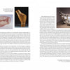 A two-page spread from "Rooted, Revived, Reinvented" by Schiffer Publishing, Ltd. features art text and images—wire mesh sculpture, carved wooden vessel, woven basket (highlight of American basketry), and a white bowl—all with captions and cultural background.