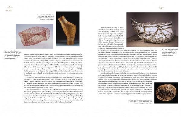 A two-page spread from "Rooted, Revived, Reinvented" by Schiffer Publishing, Ltd. features art text and images—wire mesh sculpture, carved wooden vessel, woven basket (highlight of American basketry), and a white bowl—all with captions and cultural background.