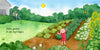 A smiling child in a red dress stands with arms raised in a sunny vegetable garden as others work nearby. A butterfly flutters by sunflowers. Text reads, "Hello, garden!"—a perfect moment from Schiffer Publishing, Ltd.'s Hello, Garden!.