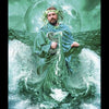 The Pagan Ways Tarot by Schiffer Publishing, Ltd. features a “King of Cups” card depicting a regal, bearded figure in green-blue robes among waves, holding a staff with a glass orb behind him.