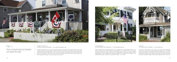 Four houses with porches adorned in patriotic banners and flags, nestled among flowers and greenery, capture the charm of Martha's Vineyard—ideal for Schiffer Publishing, Ltd.’s "101 Things to Do in Martha's Vineyard.