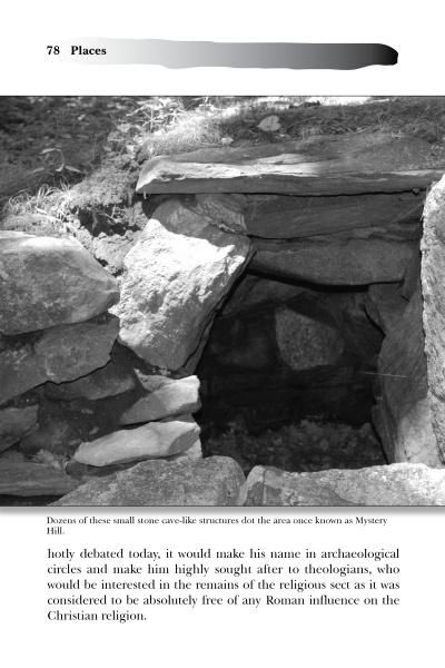 A black and white photo shows a small, stone cave-like structure with a dark entrance, partly covered by grass and soil. This unusual spot is featured on page 78 of "Strange New Hampshire" by Schiffer Publishing, Ltd.