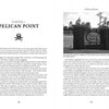 An open book from Pirates and Ghosts of the Carolinas' Coast by Schiffer Publishing, Ltd. shows Chapter 5, “Pelican Point,” with a skull icon and text, and a black-and-white photo of a brick entrance sign reading Pelican Point.