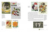 A two-page spread from "The Graphic Vegetable" by Schiffer Publishing, Ltd. showcases vintage seed packet art, mayonnaise ads, vibrant flower illustrations, a black-and-white photo of three children with plants, and text on flower varieties.