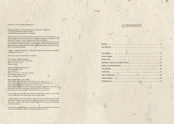 The image shows a page from a book with the contents listed, focusing on the Insignia of the Waffen-SS.