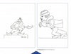 From "Caricatures in Motion" by Schiffer Publishing, Ltd.: Two black-and-white cartoon sketches—left, a figure saluting with bent leg (rear view); right, a hat-wearing person crouches with raised hands, facing left.