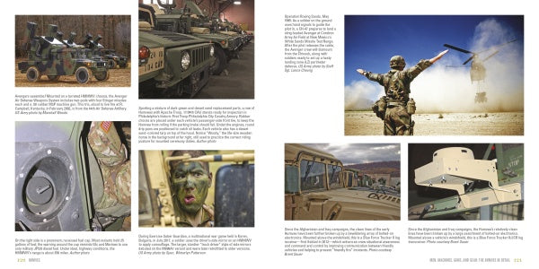 A two-page military-themed magazine spread from Schiffer Publishing, Ltd. features multiple images of the Humvee, soldiers in uniform, close-ups of military gear, and a soldier signaling as a helicopter lands in a dusty environment.