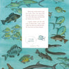 Colorful fish swim in blue water around a white box describing the abundance of fish seen by early Jamestown explorers in Chesapeake Bay. A doodle fish says, "I feel like I’m in a picture book!" Product: Captain John Smith's Big and Beautiful Bay (Schiffer Publishing, Ltd).