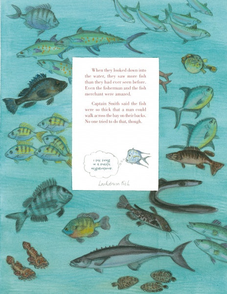 Colorful fish swim in blue water around a white box describing the abundance of fish seen by early Jamestown explorers in Chesapeake Bay. A doodle fish says, "I feel like I’m in a picture book!" Product: Captain John Smith's Big and Beautiful Bay (Schiffer Publishing, Ltd).
