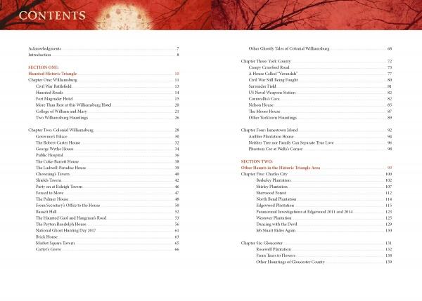 Virginia's Haunted Historic Triangle 2nd Edition by Schiffer Publishing, Ltd. features a red and white table of contents covering Virginia ghost history, haunted sites, legends, and stories from Williamsburg, the Colonial Parkway, and the Historic Triangle area.