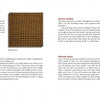 A book spread in Schiffer Publishing, Ltd.'s Weave Leno shows four close-up textile samples—red, brown, blue, and white—with captions and descriptions of weaving techniques like leno lace, Milwaukee Lace, and Mexican Double.
