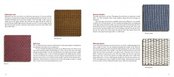 A book spread in Schiffer Publishing, Ltd.'s Weave Leno shows four close-up textile samples—red, brown, blue, and white—with captions and descriptions of weaving techniques like leno lace, Milwaukee Lace, and Mexican Double.