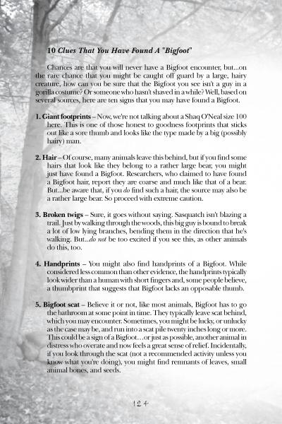 A page from the book 10 Clues That You Have Found A Bigfoot lists five clues—giant footprints, hair, broken branches, handprints, and scat—much like the mysteries in North Shore Spirits of Massachusetts by Schiffer Publishing, Ltd.