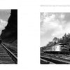 Two black-and-white photos from "Trains" by Schiffer Publishing, Ltd.: Left—an old car on railroad tracks; right—a classic steam locomotive and train cars evoke the spirit of mid-20th-century rail travel.
