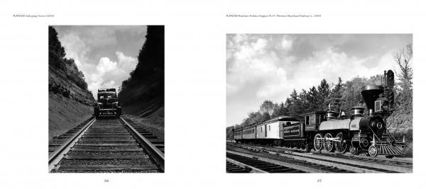 Two black-and-white photos from "Trains" by Schiffer Publishing, Ltd.: Left—an old car on railroad tracks; right—a classic steam locomotive and train cars evoke the spirit of mid-20th-century rail travel.
