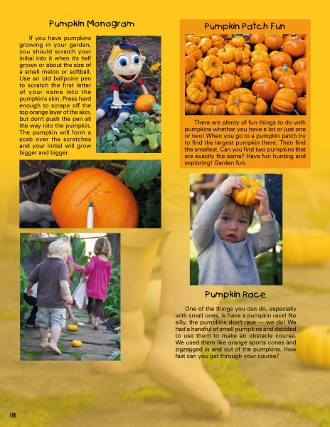 The magazine page for Kinder Gardens: Autumn Fun by Schiffer Publishing, Ltd. shows kids enjoying pumpkin-themed activities—painting pumpkins, exploring a pumpkin patch, and racing—with a yellow background highlighting these projects.