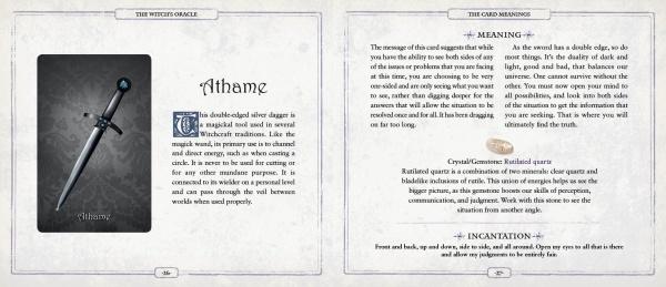 A book spread from The Witch's Oracle, 2nd Edition by Schiffer Publishing, Ltd. displays the Athame, with an ornate dagger on the left, and notes, a crystal magick tip, and an incantation on the right in decorative fonts.