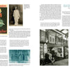 A magazine spread showcases vintage photos, a Folies-Bergère dancer poster, and history of performers, with images of ornate costumes and interiors inspired by Schiffer Publishing's Manhattan's Hotel des Artistes.
