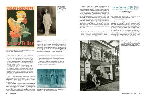 A magazine spread showcases vintage photos, a Folies-Bergère dancer poster, and history of performers, with images of ornate costumes and interiors inspired by Schiffer Publishing's Manhattan's Hotel des Artistes.
