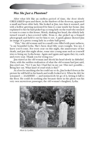 A page from Folktales and Ghost Stories of North Carolina's Piedmont (Schiffer Publishing, Ltd.) shows "Was She Just a Phantom?"—a tale inspired by Piedmont legends—with a black-and-white photo of old gravestones in grass.