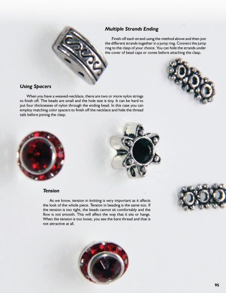 Schiffer Publishing, Ltd.'s "Pearl Projects for Beaders" showcases silver and red jewelry beads on white, with tips on using spacers and tension for creating stunning pearl necklace patterns.