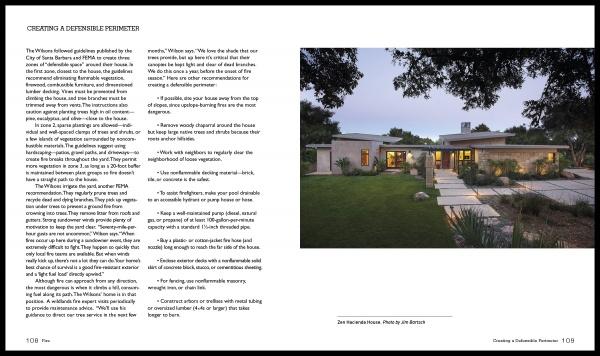 A two-page magazine spread features Schiffer Publishing, Ltd.'s book "Designing for Disaster," showcasing climate change architecture with tips on defensible perimeters and a photo of a modern home with large windows and drought-resistant landscaping.