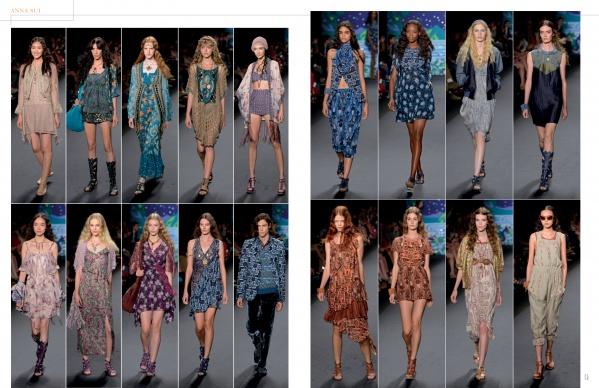Models display a range of patterned and textured dresses in earthy and blue tones with boots and sandals on the catwalk, featured in The SFP LookBook: Mercedes-Benz Fashion Week Spring 2014 Collections by Schiffer Publishing, Ltd.
