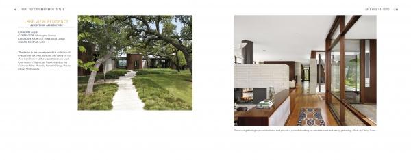 Showcasing Contemporary Texas Architecture by Schiffer Publishing, Ltd., this modern home features large windows, wood accents, and open spaces with wooden floors, embodying the best of Texas design amid trees and a stone path.