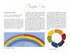 The "Fire and Light" book page by Schiffer Publishing, Ltd. features a rainbow illustration, a circular color wheel, and text about pigments, color theory, and the light spectrum in Chapter One.