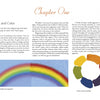 The "Fire and Light" book page by Schiffer Publishing, Ltd. features a rainbow illustration, a circular color wheel, and text about pigments, color theory, and the light spectrum in Chapter One.