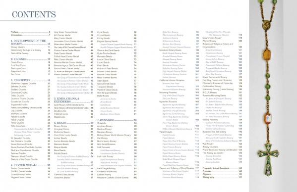 The Rosary Collector's Guide by Schiffer Publishing, Ltd. features a table of contents on jewelry history and types, with images of colorful beaded necklaces, jeweled cross pendants, and antique rosaries along the page’s right edge.