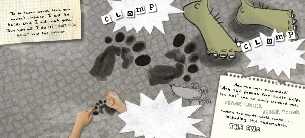 A storybook illustration from Shoes, Little Shoes, Big Shoes by Schiffer Publishing, Ltd. features green feet, animal paw prints, a mouse, and snapping hands, with comic-style "CLOMP CLOMP" and notes that narrate the book’s creative ending.